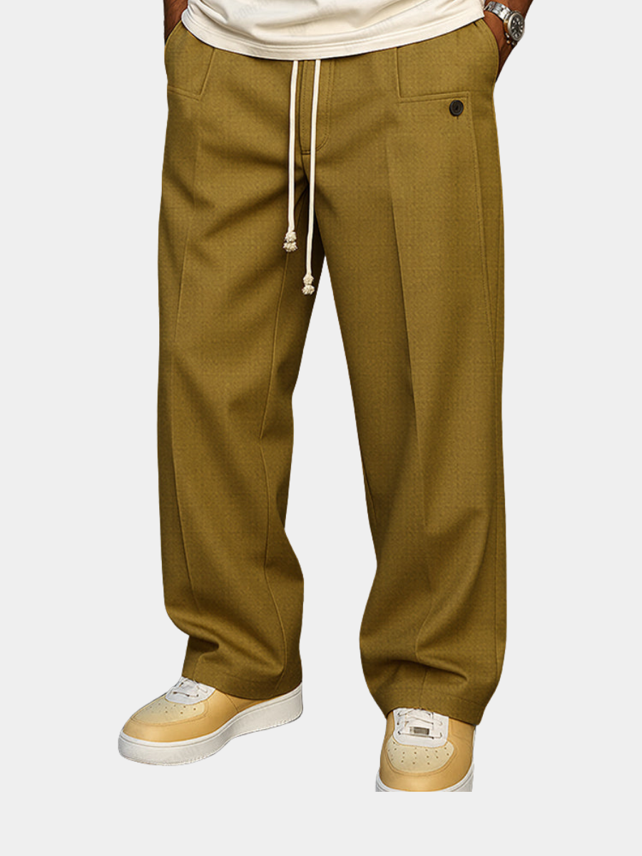 Pantalon large moutarde à pinces et cordon de serrage, détouré sur fond blanc