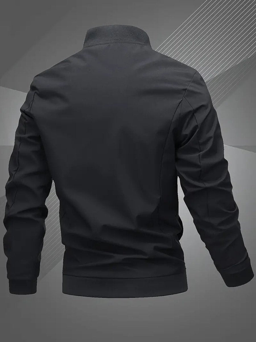 Blouson aviateur noir vu de dos, col et bas en bord-côte