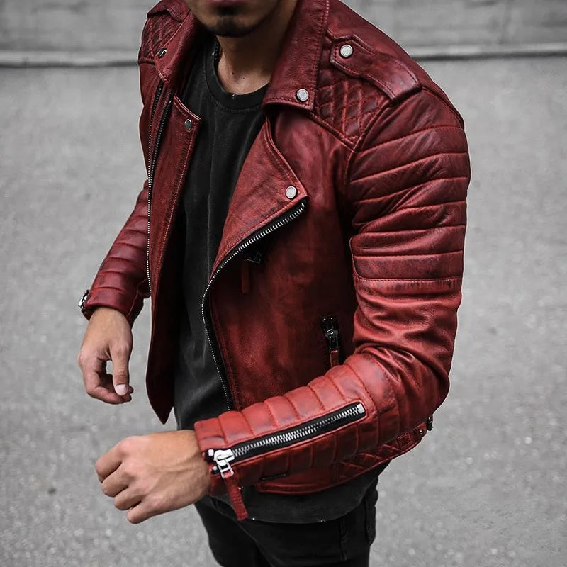 Blouson motard zippé pour homme, rouge, poignets zippés