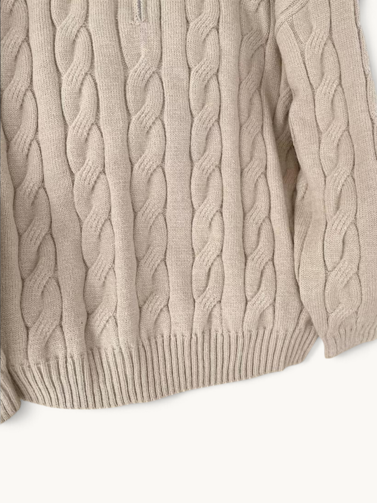 By Old Money beige cable knit half-zip sweater with ribbed cuffs and hem in a thick winter texture