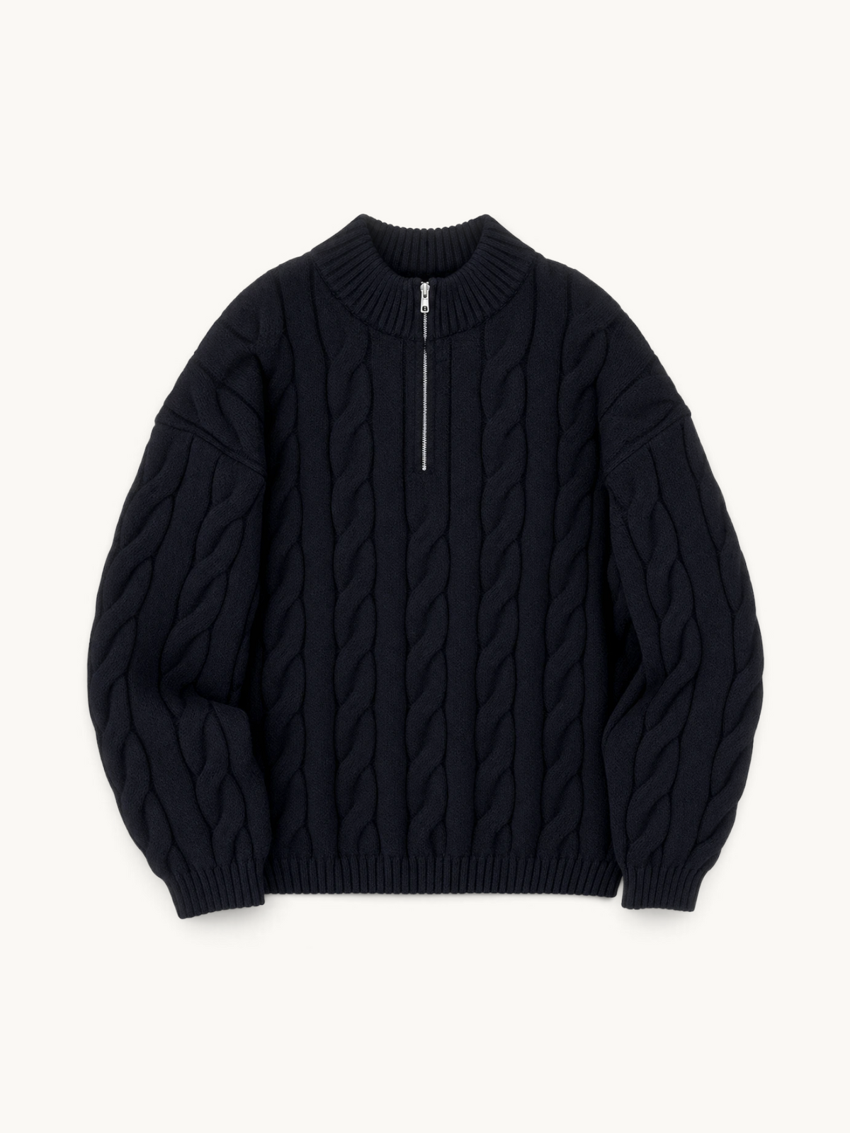 By Old Money black cable knit sweater with a half-zip mock neck, ribbed cuffs, and a thick, cozy winter texture.