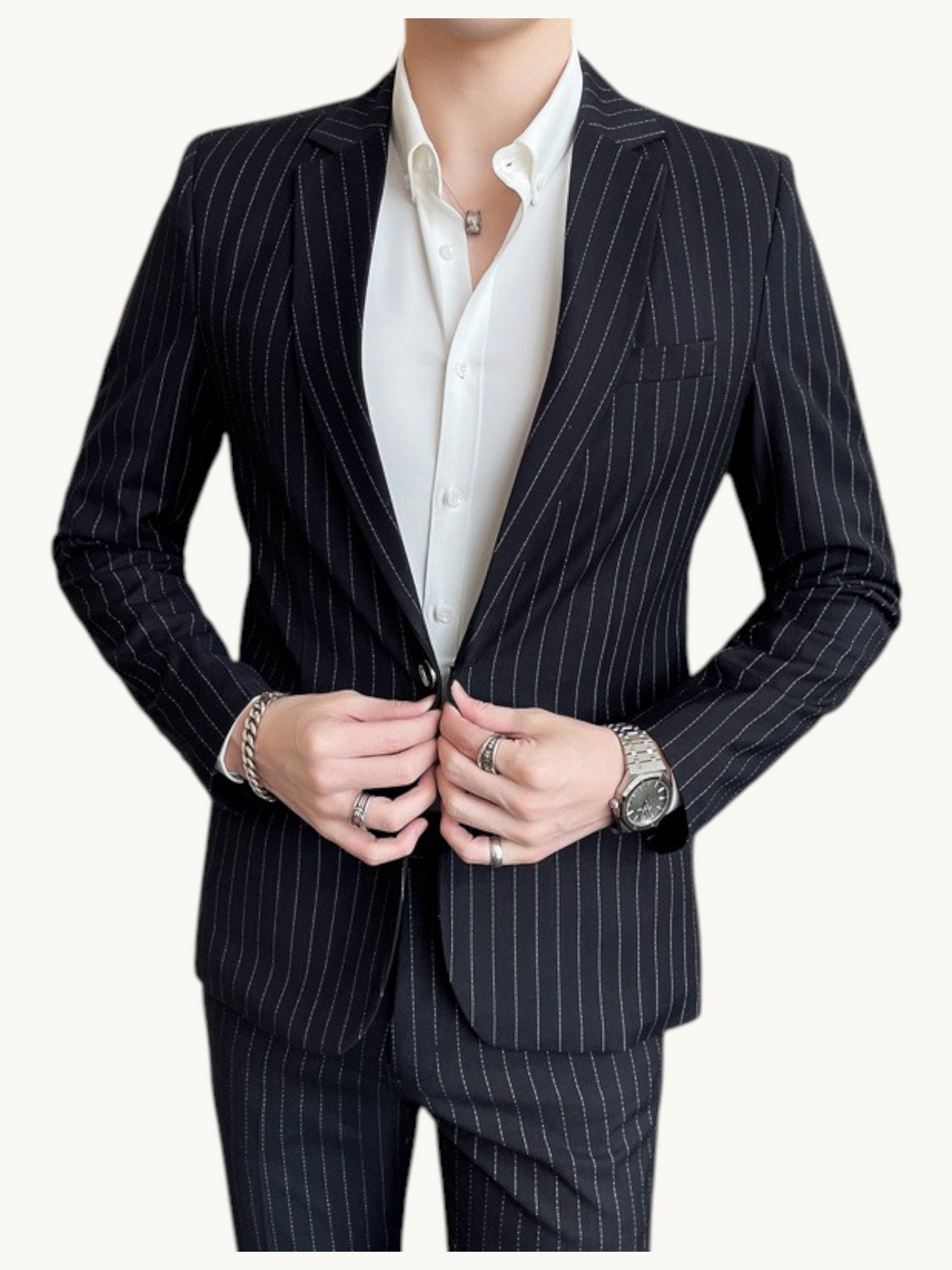 By Old Money slim fit black pinstripe two-piece suit with single-button jacket and notched lapel