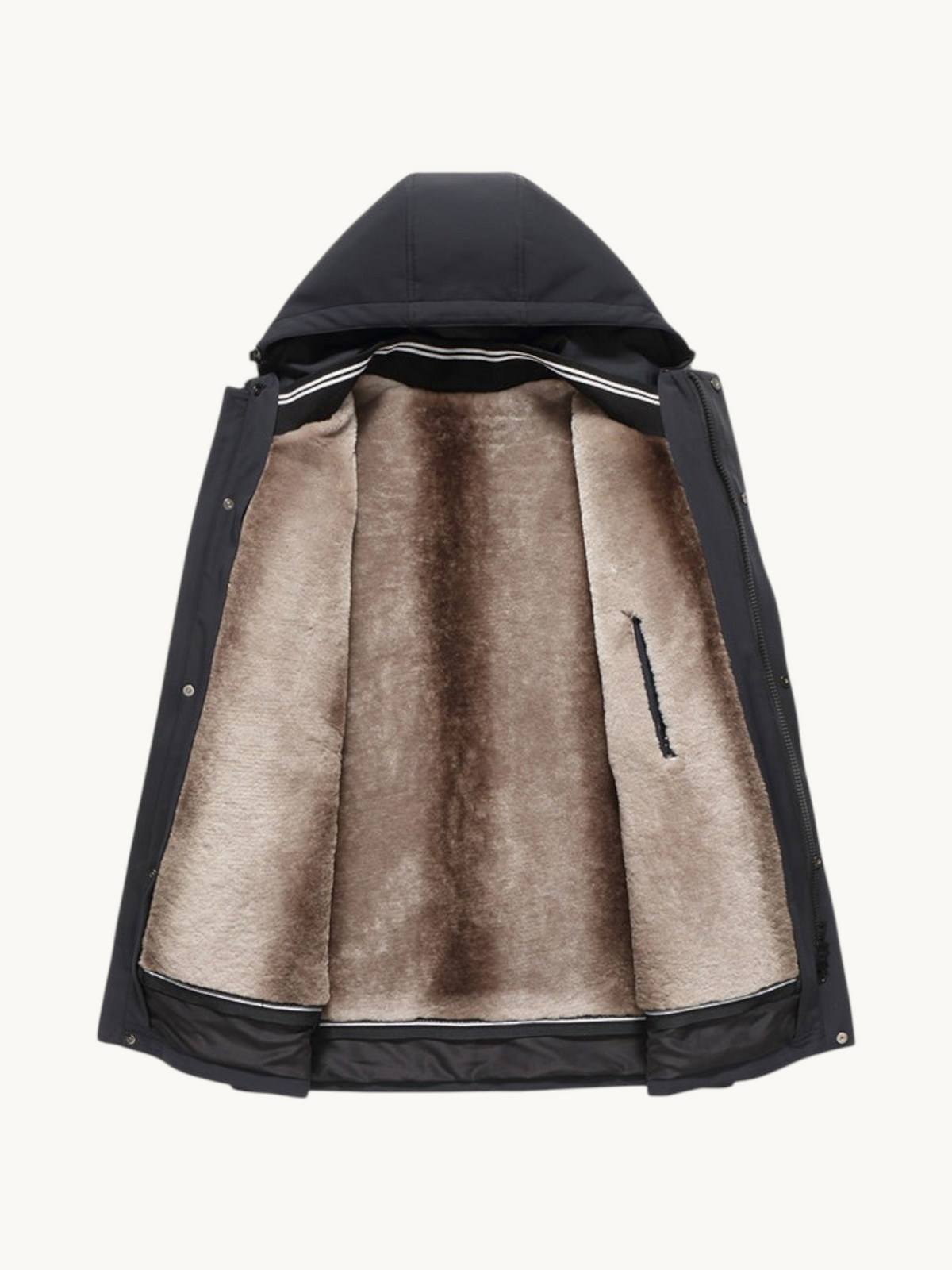 By Old Money black hooded parka with a removable brown shearling wool lining, featuring a zip and button closure.