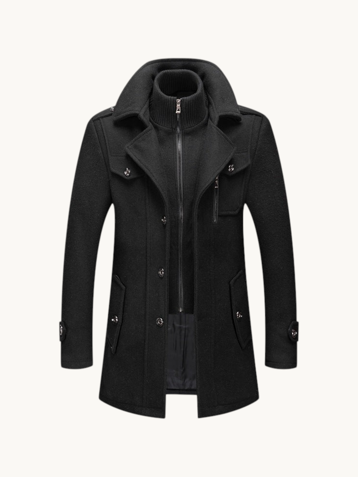 By Old Money black wool winter coat featuring a double collar design, zip closure, and structured shoulders.