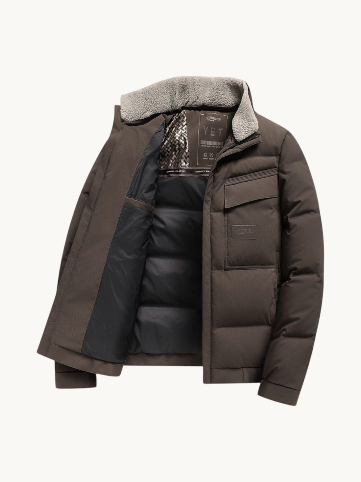 By Old Money brown winter puffer jacket with a synthetic fur lapel collar, front flap pockets, and thick padding.