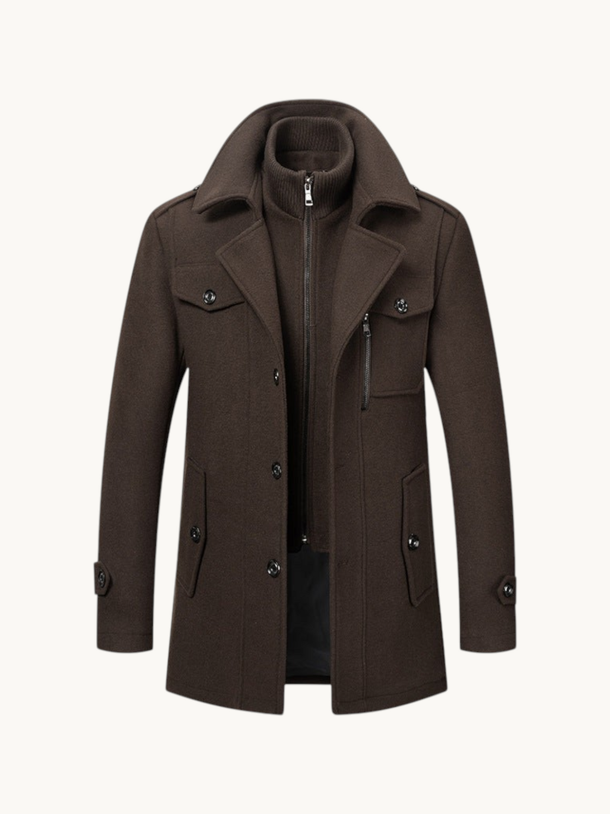 By Old Money brown wool winter coat with double collar, zip-up inner layer, and structured shoulders.