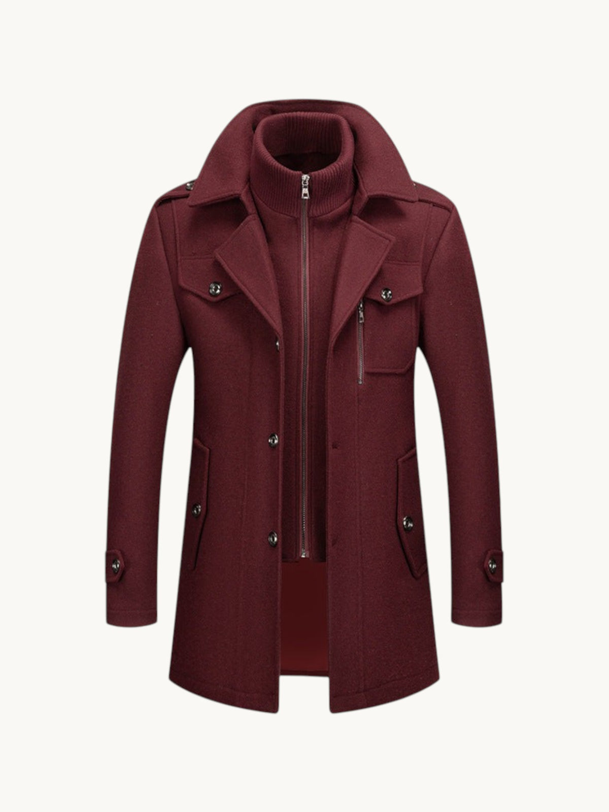 By Old Money burgundy wool winter coat with double collar, zip-up inner layer, and structured shoulders.