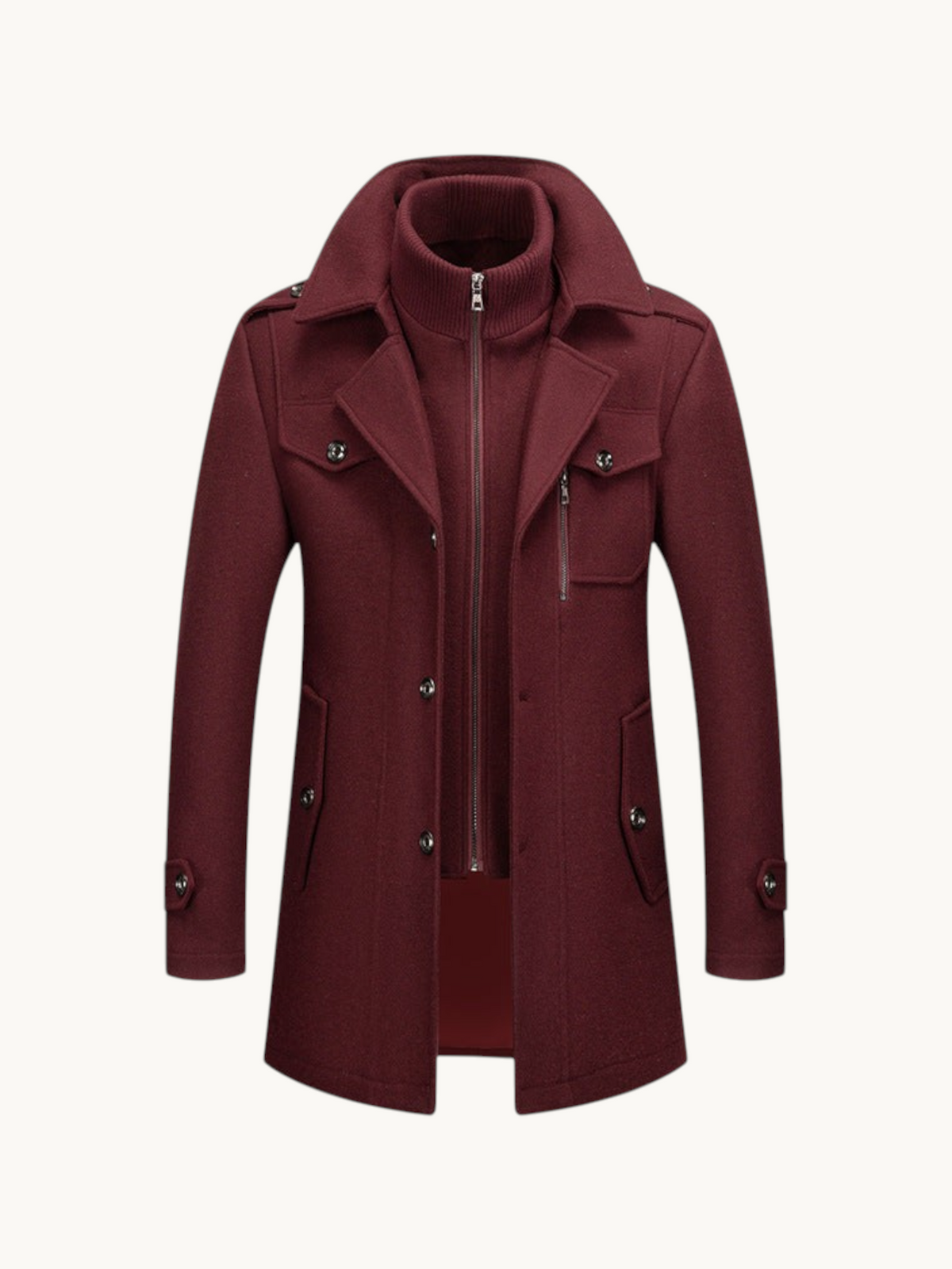 By Old Money burgundy wool winter coat with double collar, zip-up inner layer, and structured shoulders.