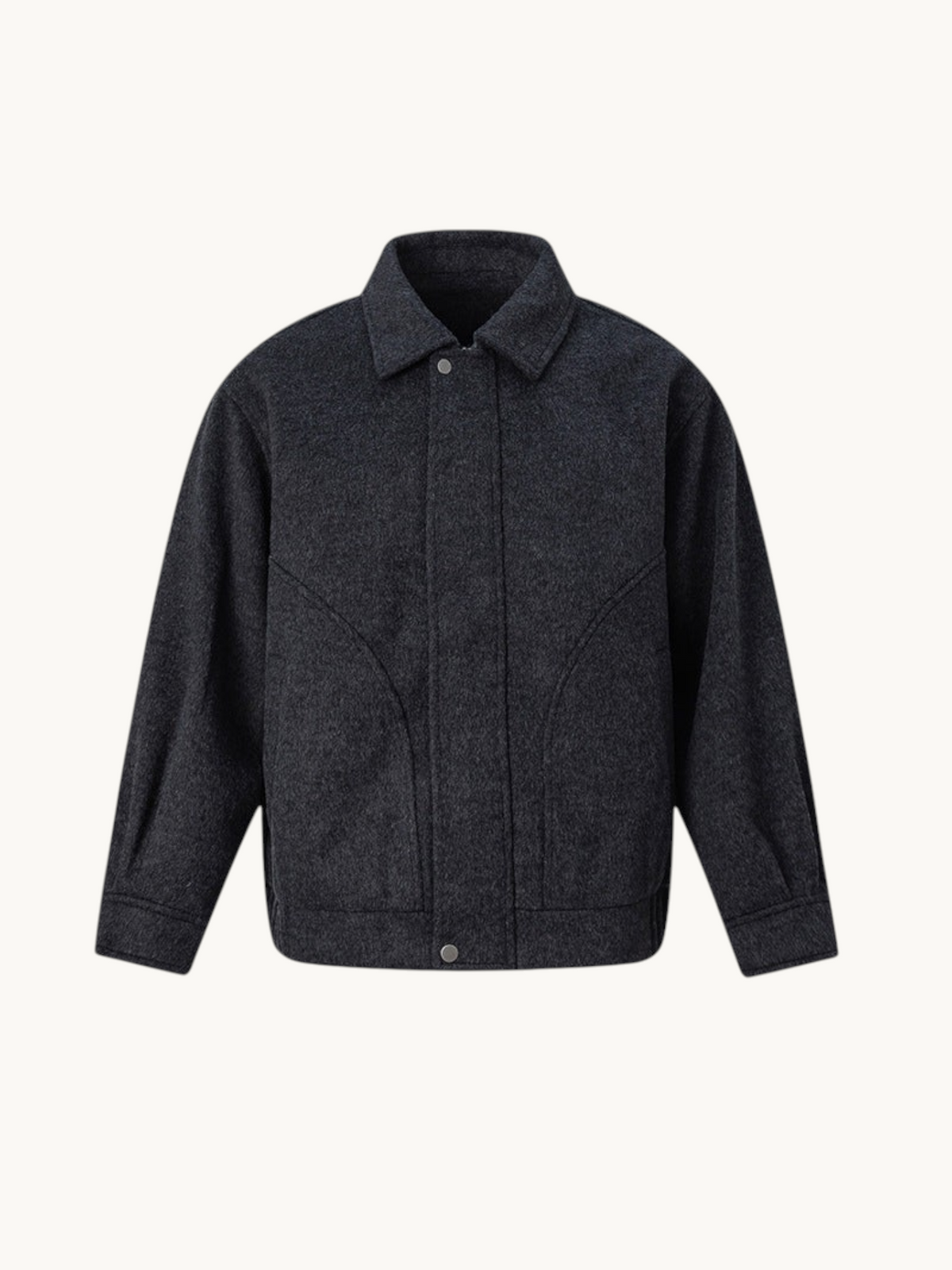 By Old Money charcoal grey double-faced wool boxy jacket with a classic collar and front button closure.