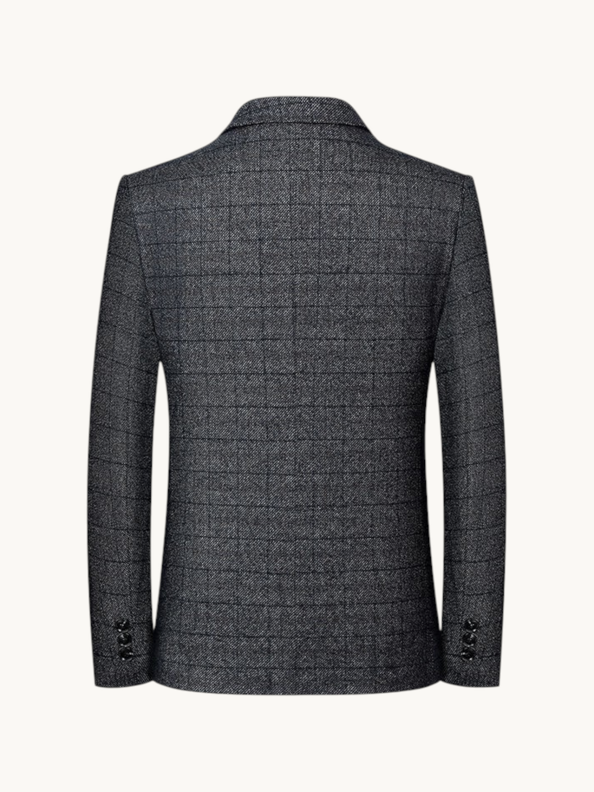 Back view of a By Old Money grey windowpane check wrinkle-resistant blazer with soft shoulders