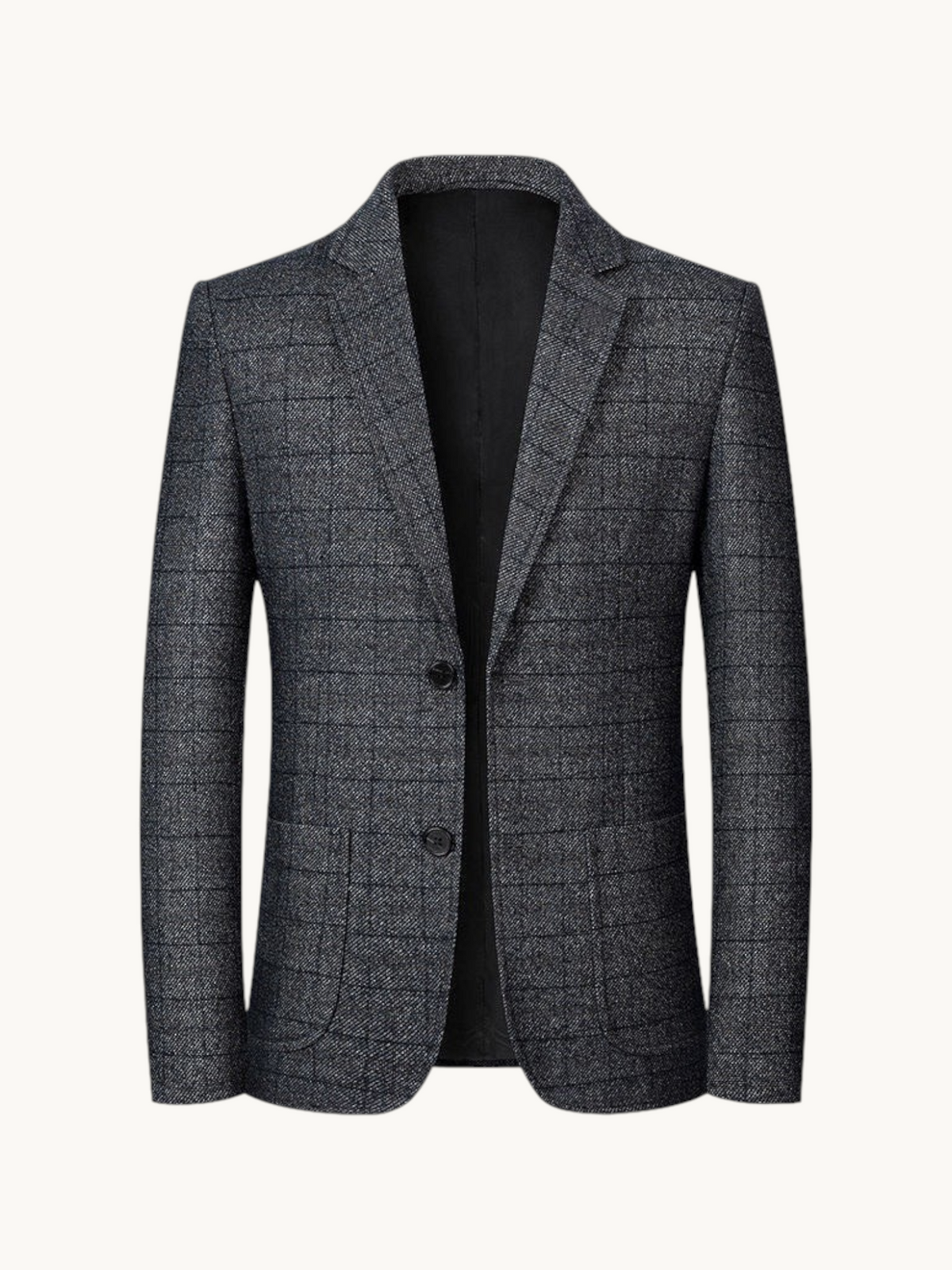 By Old Money grey windowpane check blazer with notched lapels and two-button closure in wrinkle-resistant fabric.
