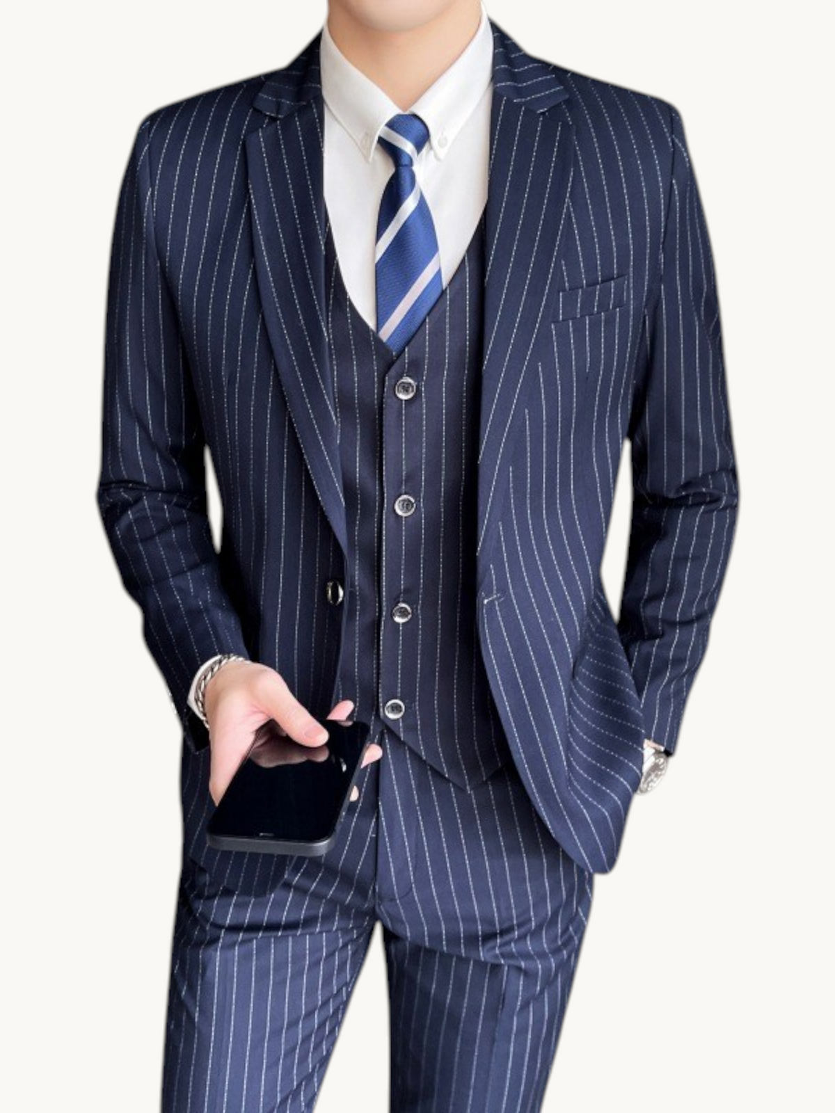 By Old Money navy blue pinstripe three-piece suit with a single-button blazer, waistcoat, and matching trousers.
