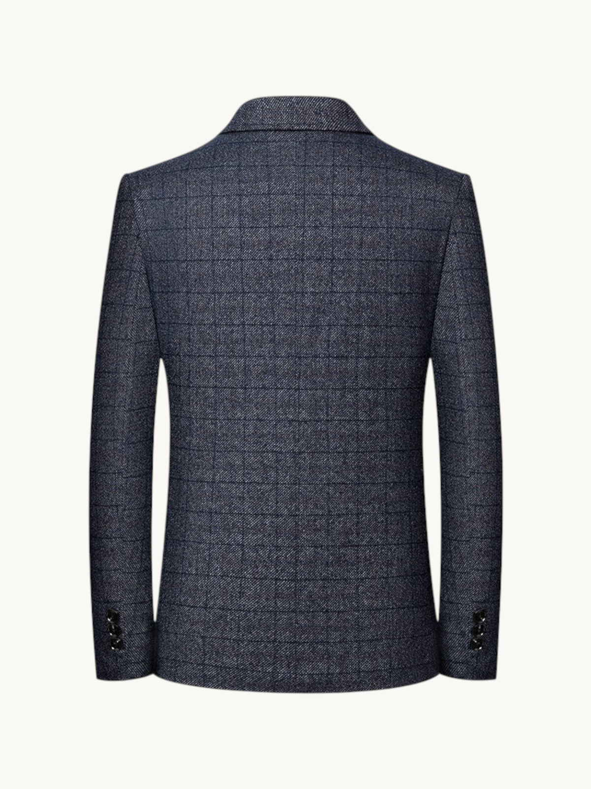 Back view of By Old Money wrinkle-resistant navy blazer with subtle windowpane check pattern and notched collar