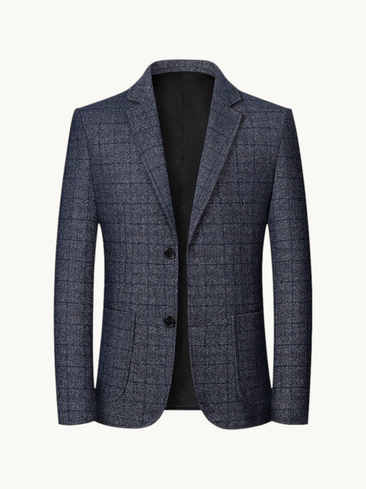 By Old Money navy blue windowpane check blazer with notched lapels, two-button closure, and flap pockets.