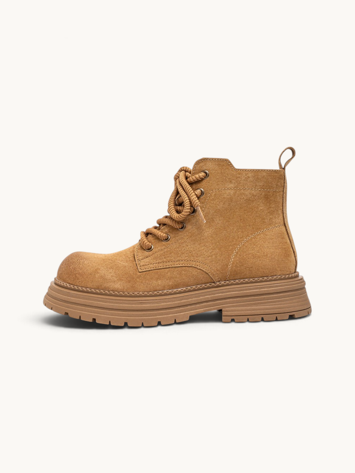 By Old Money tan suede desert boots with thick lug soles, lace-up front, and side zip for easy wear.