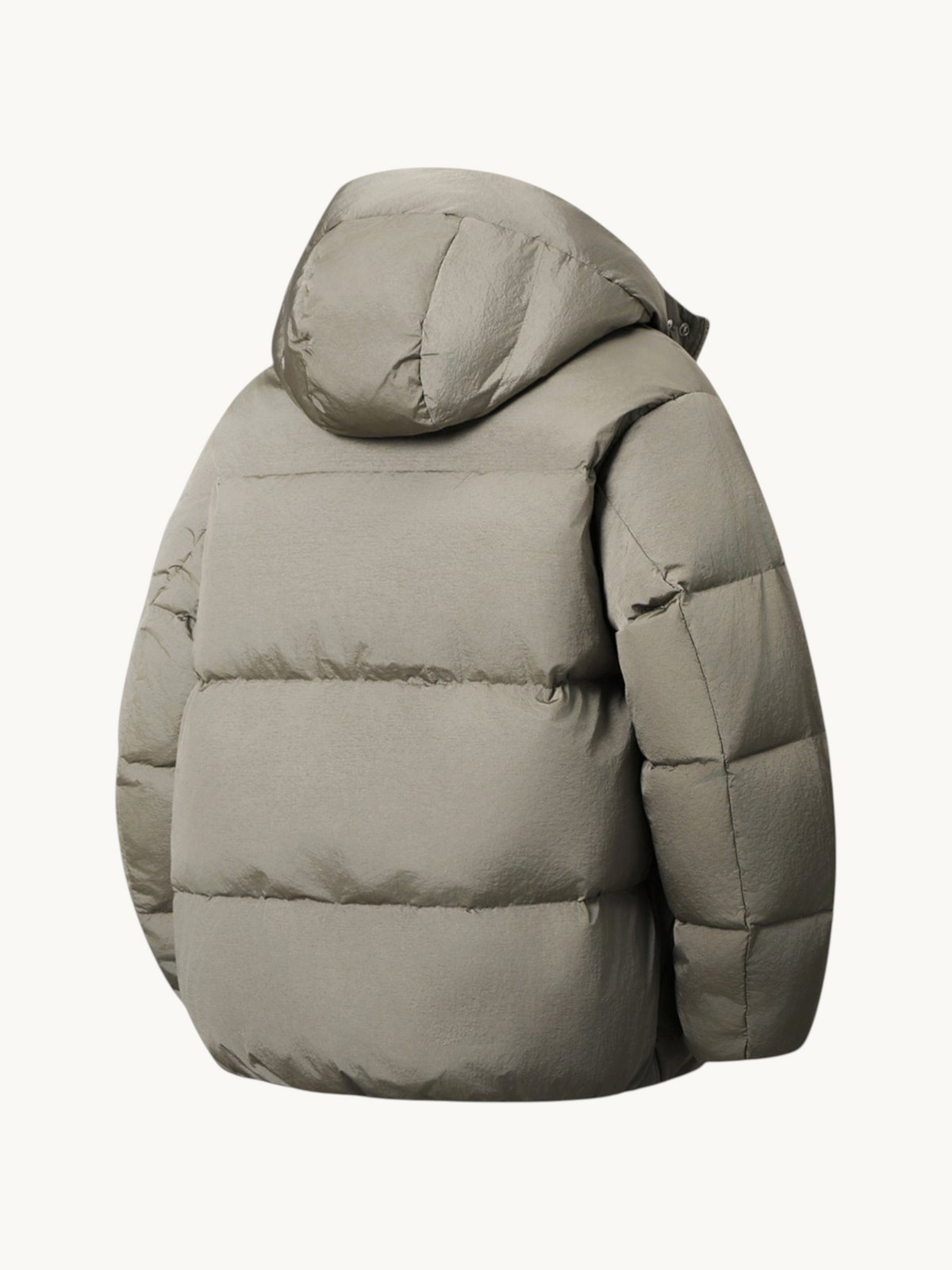 By Old Money hooded puffer jacket in taupe with thick insulation and a straight fit, back view