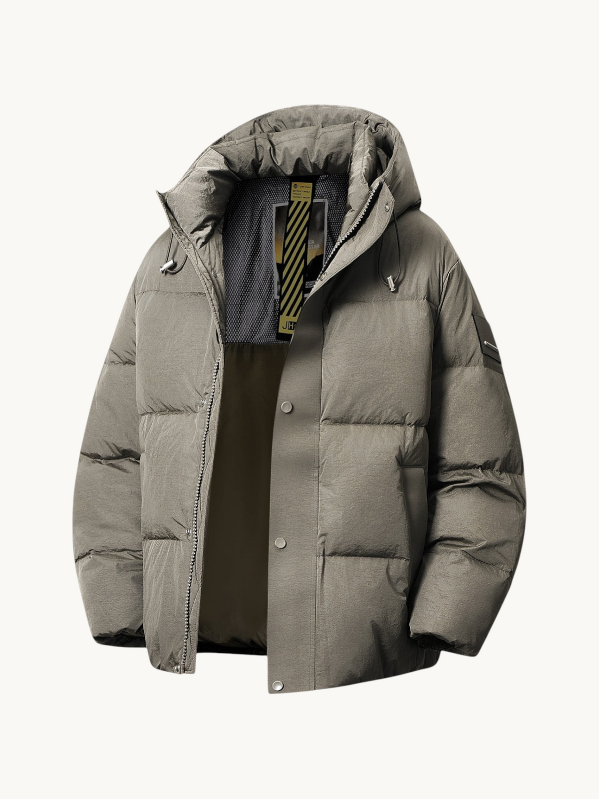 By Old Money taupe hooded puffer jacket with thick insulation, full-length zipper, and snap button closure.