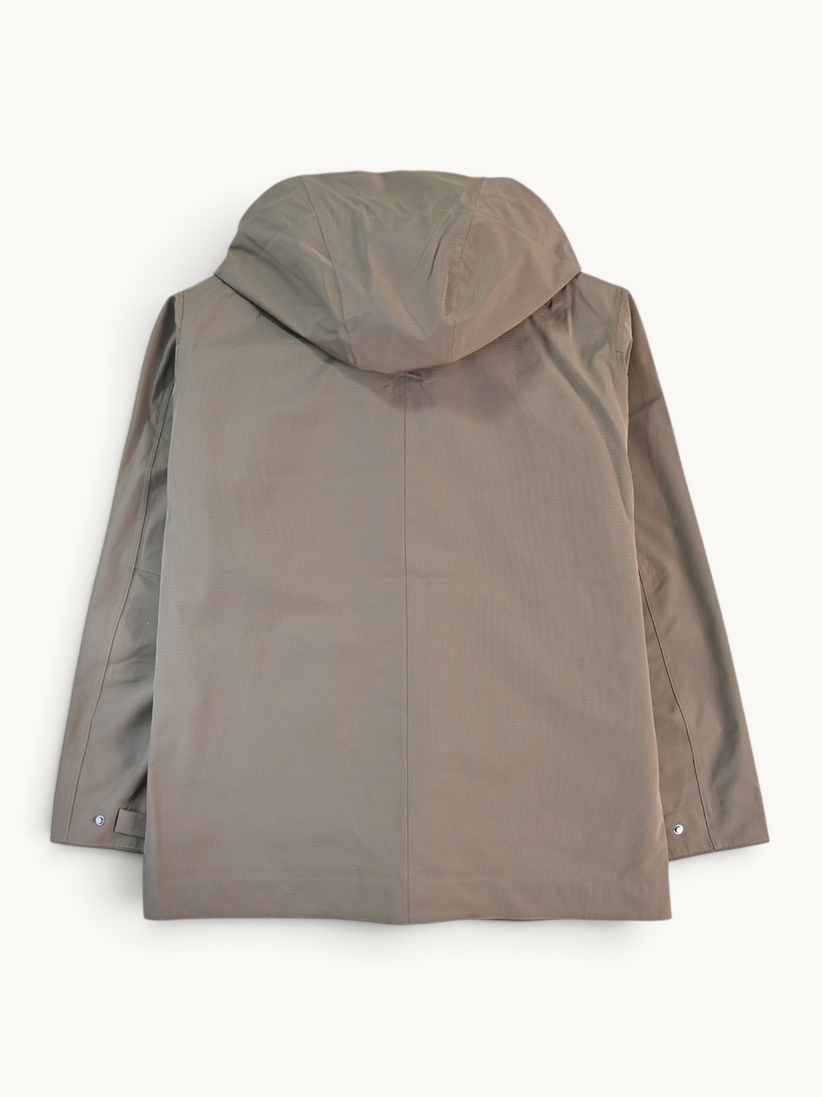 By Old Money water-repellent hooded jacket in taupe with a matte finish and loose fit, back view.