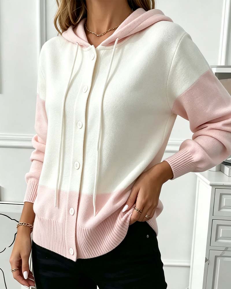 Cardigan à capuche boutonné, coloris rose clair, porté en tenue, vue 3