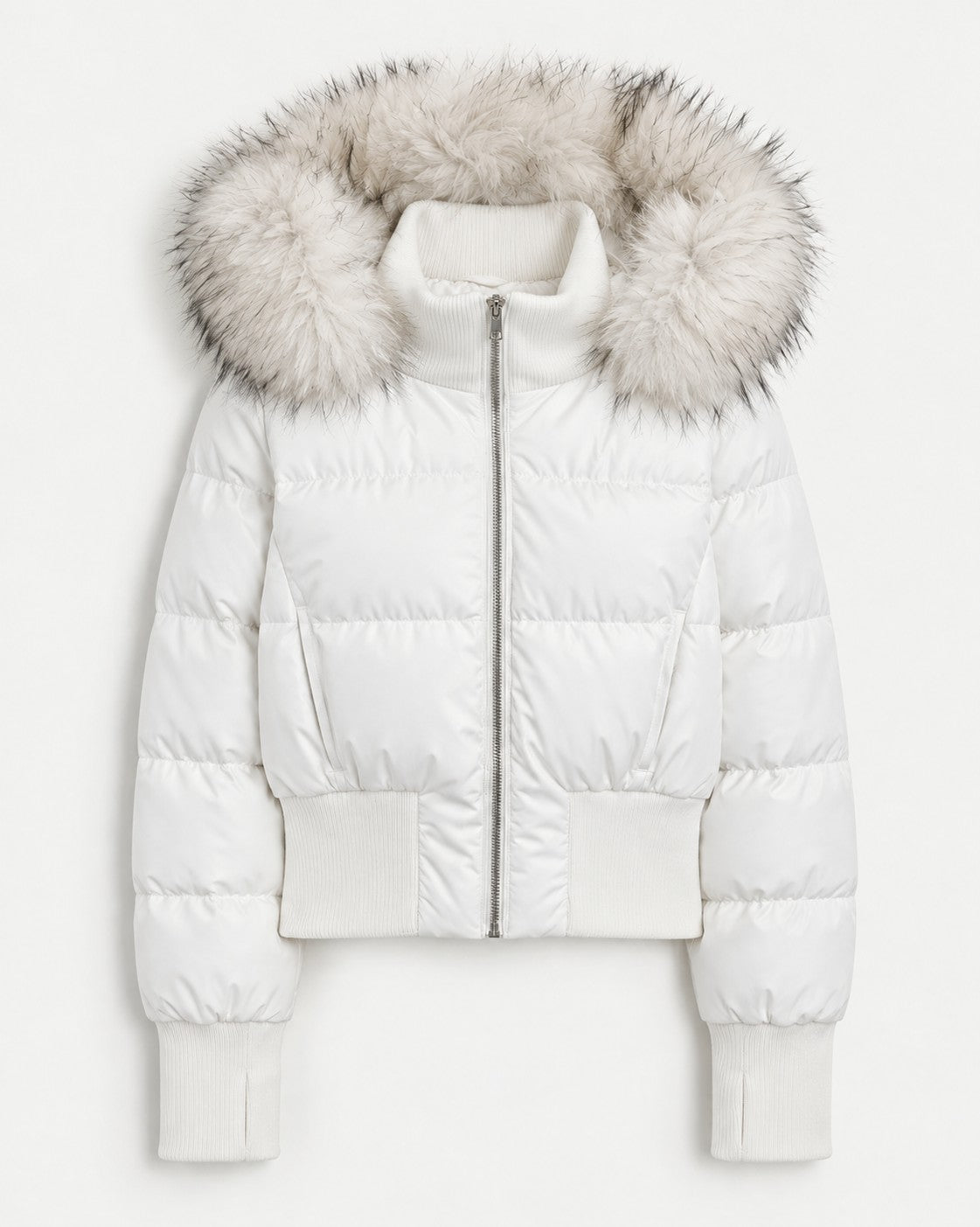 Doudoune courte capuche fourrée, coloris blanc, présenté à plat