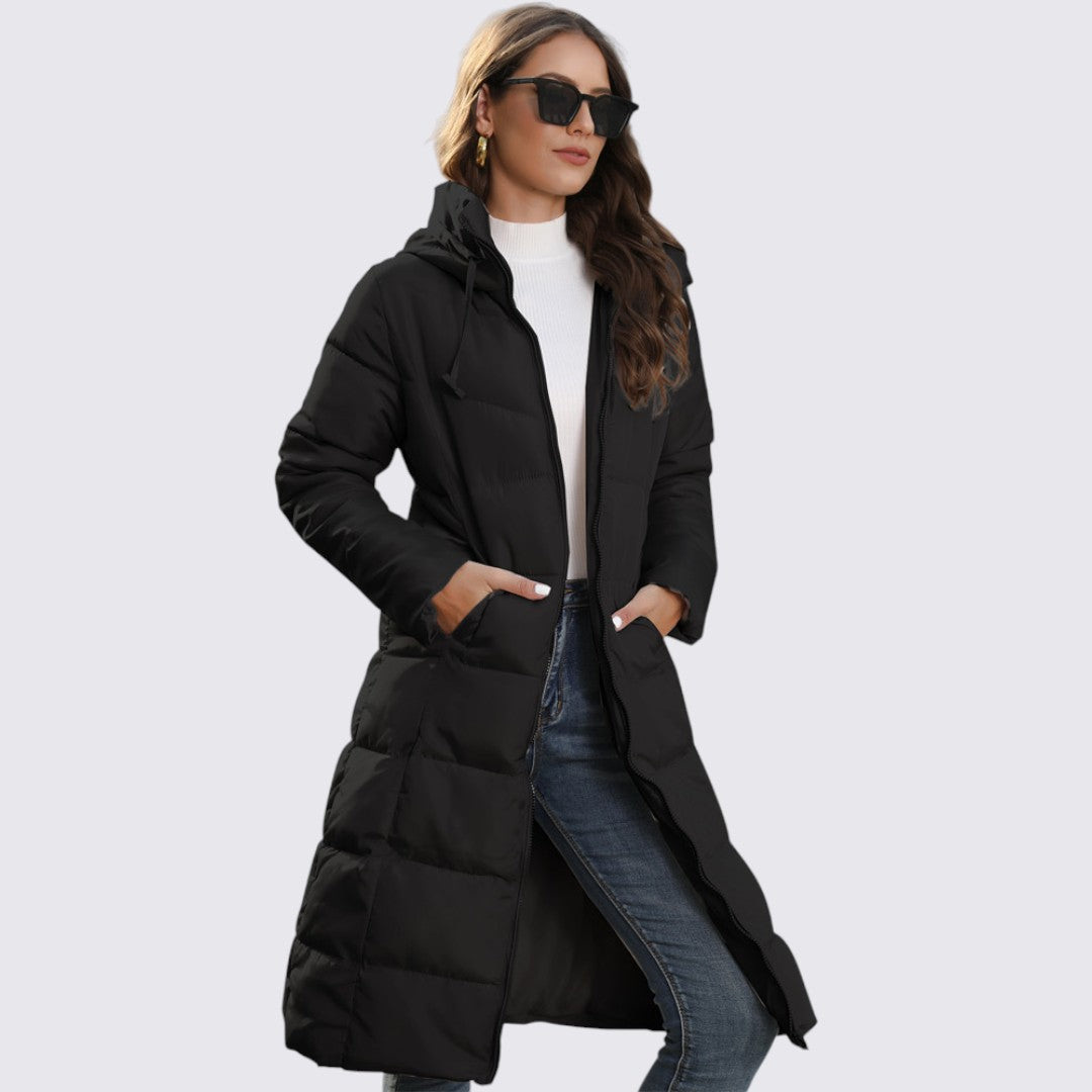 Doudoune longue à capuche pour femme, coloris noir