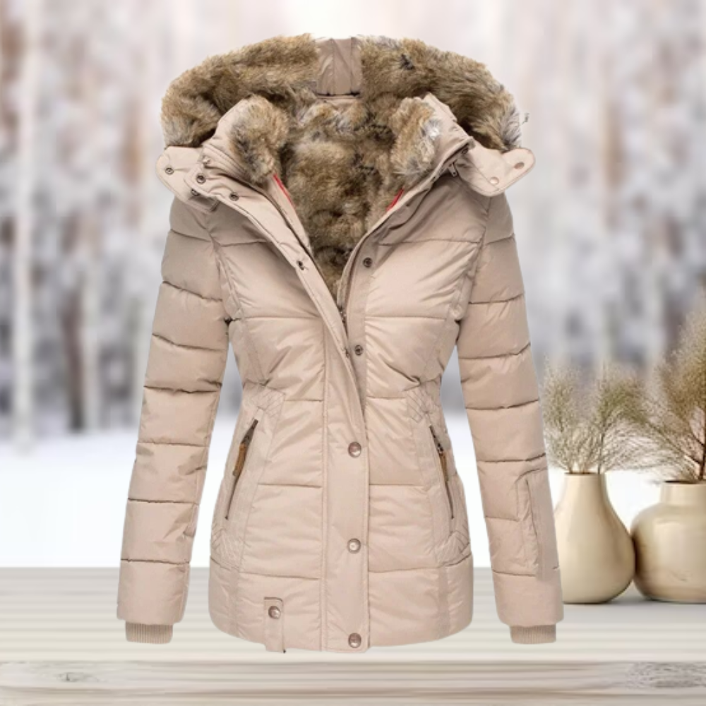 Doudoune capuche amovible fourrée pour femme, coloris beige