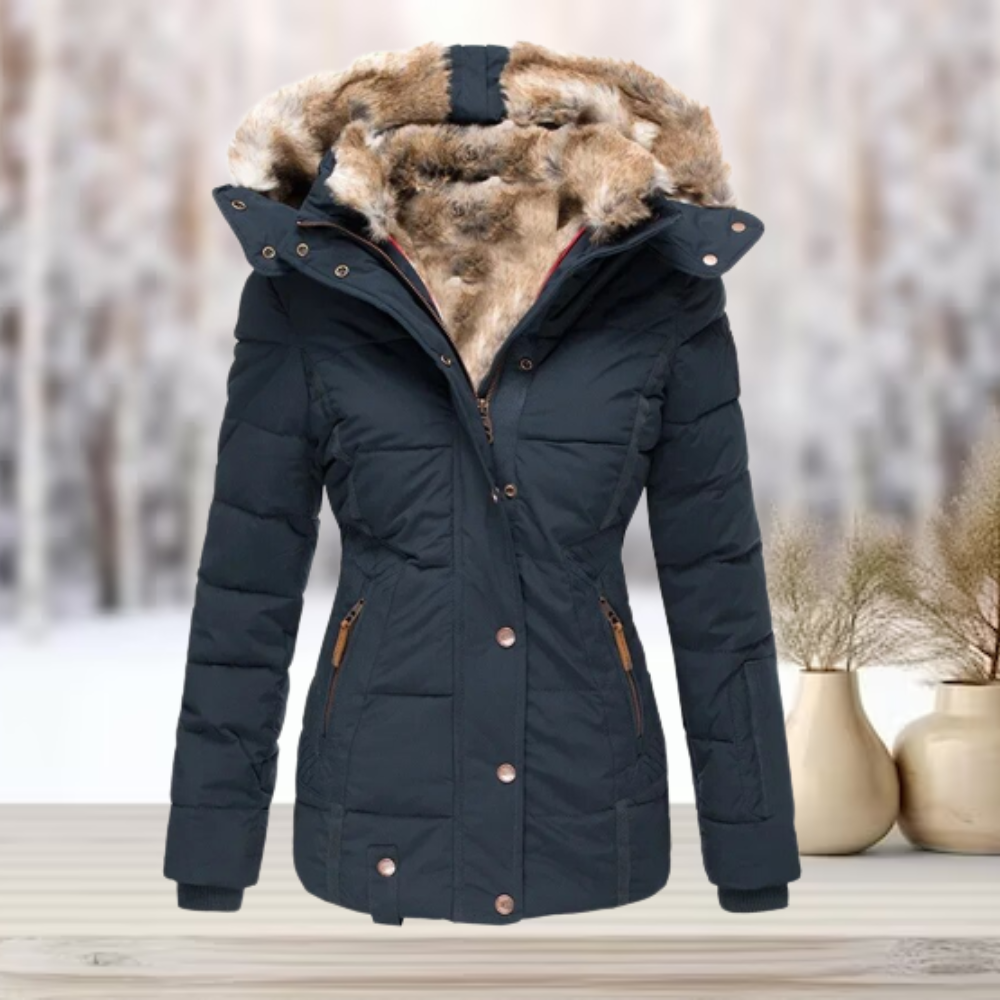 Doudoune capuche amovible fourrée pour femme, coloris bleu marine