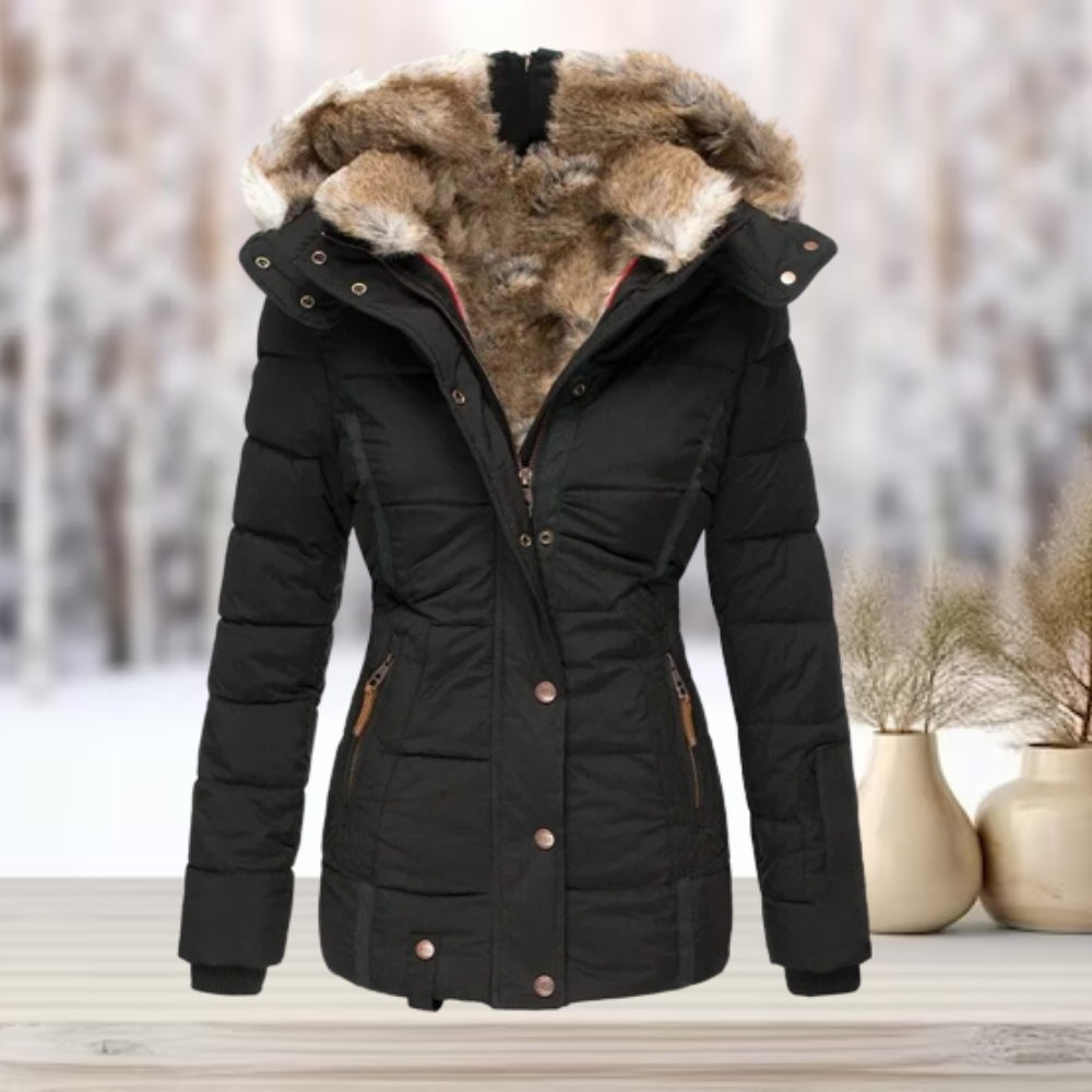 Doudoune capuche amovible fourrée pour femme, coloris noir