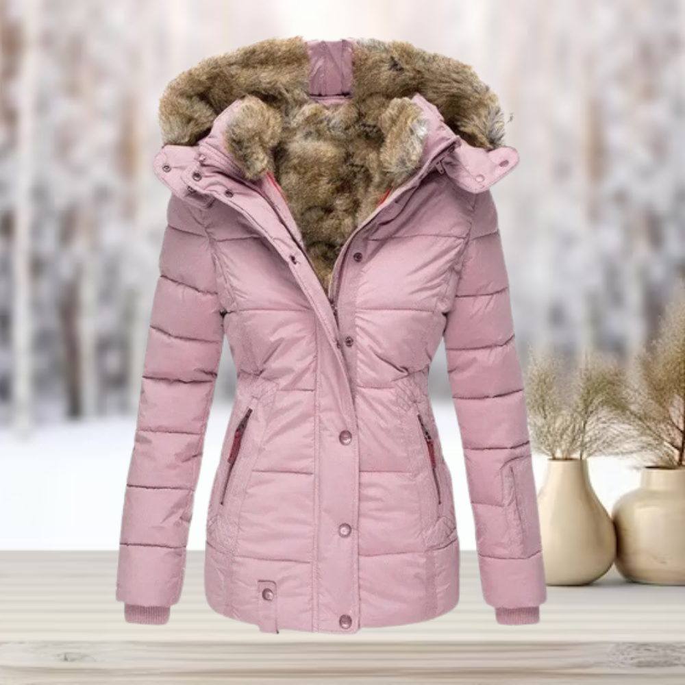 Doudoune capuche amovible fourrée pour femme, coloris rose