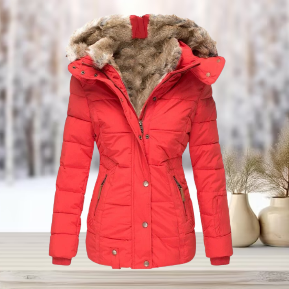 Doudoune capuche amovible fourrée pour femme, coloris rouge