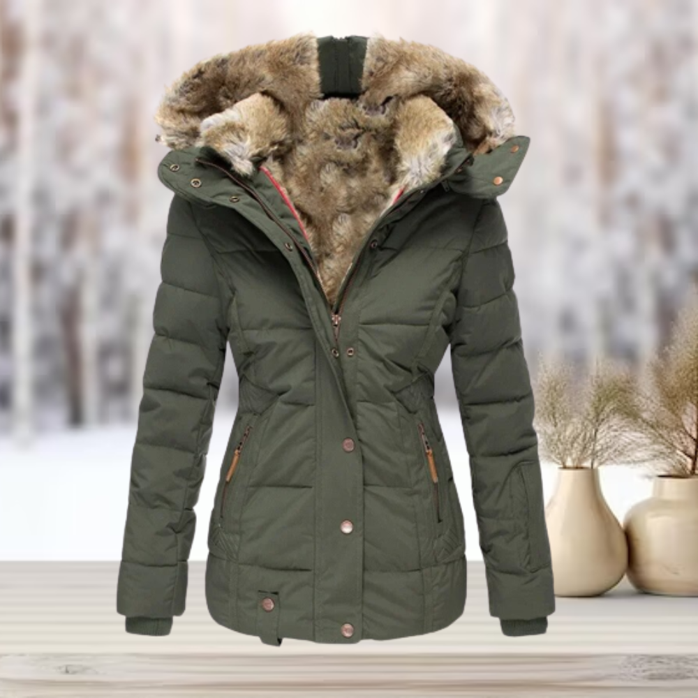 Doudoune capuche amovible fourrée pour femme, coloris vert