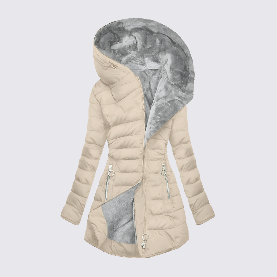 Doudoune cintrée capuche fourrée pour femme, coloris crème