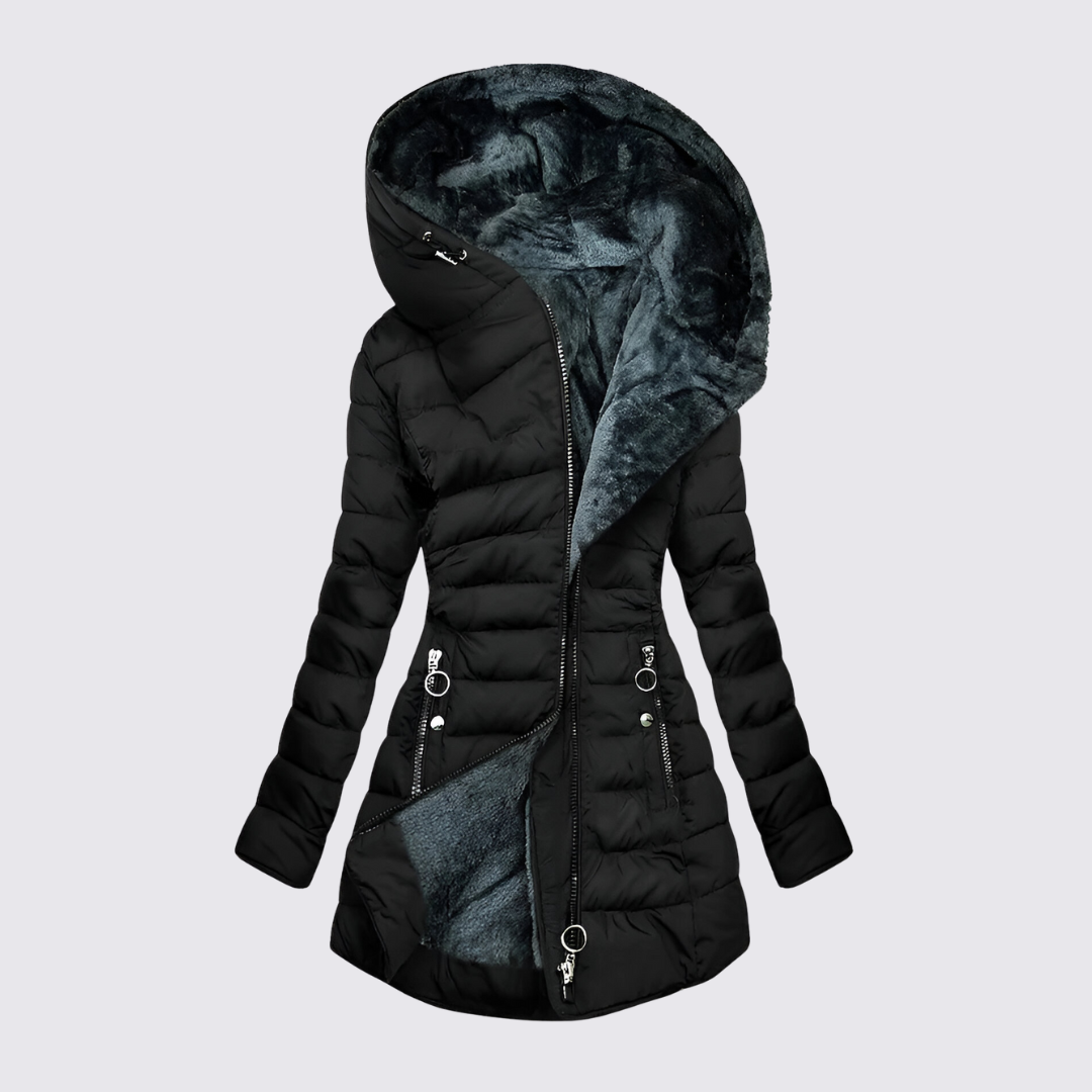 Doudoune cintrée capuche fourrée pour femme, coloris noir