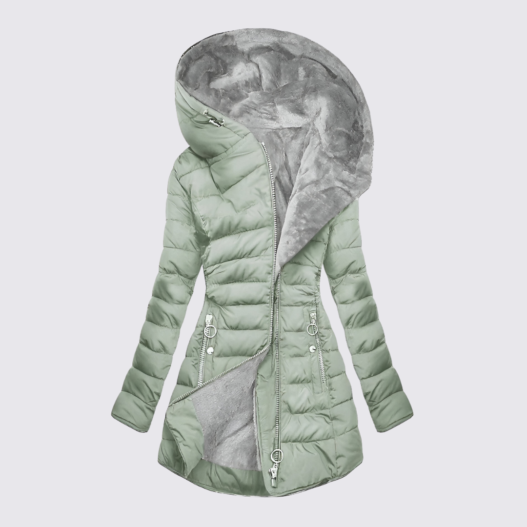 Doudoune cintrée capuche fourrée pour femme, coloris vert clair