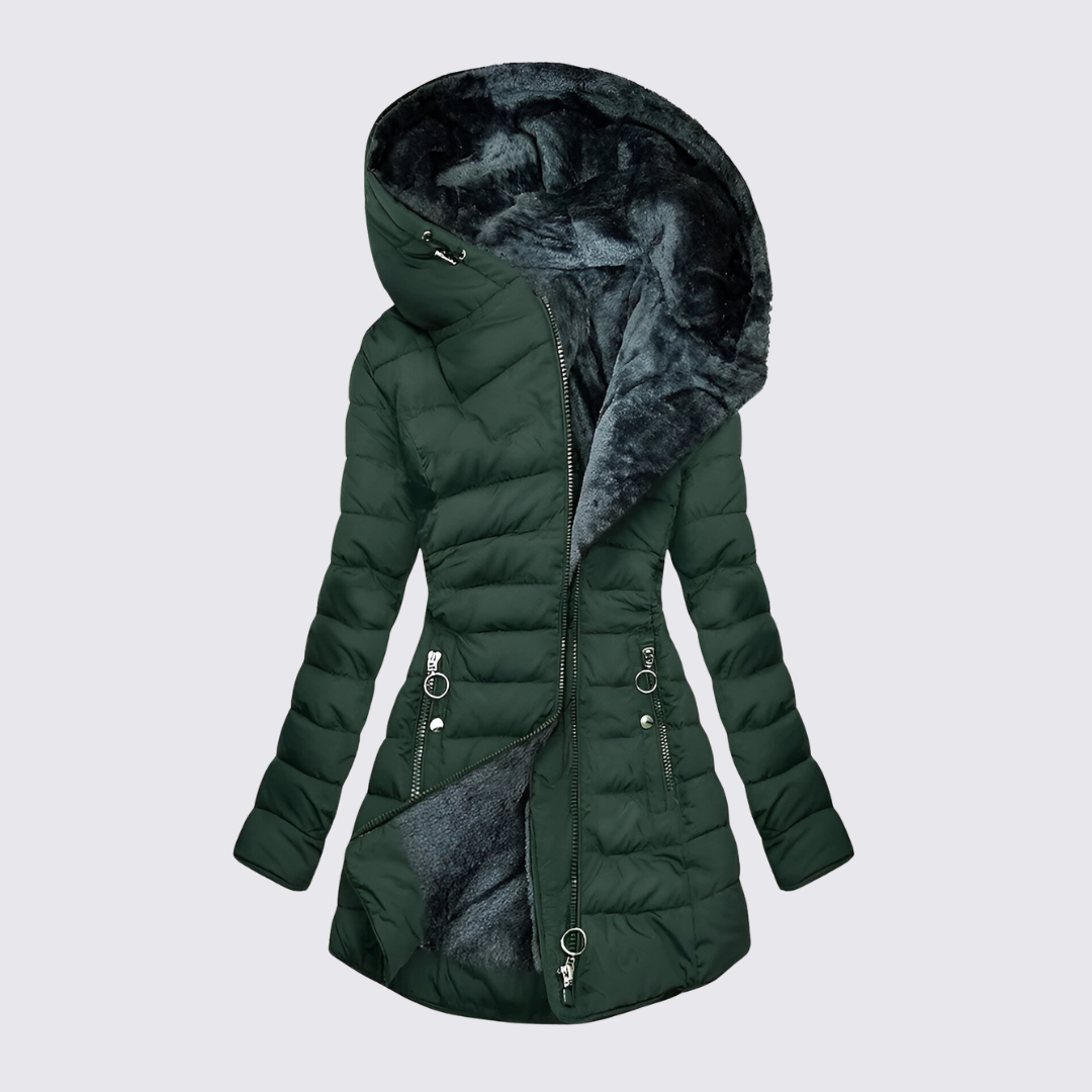 Doudoune cintrée capuche fourrée pour femme, coloris vert foncé
