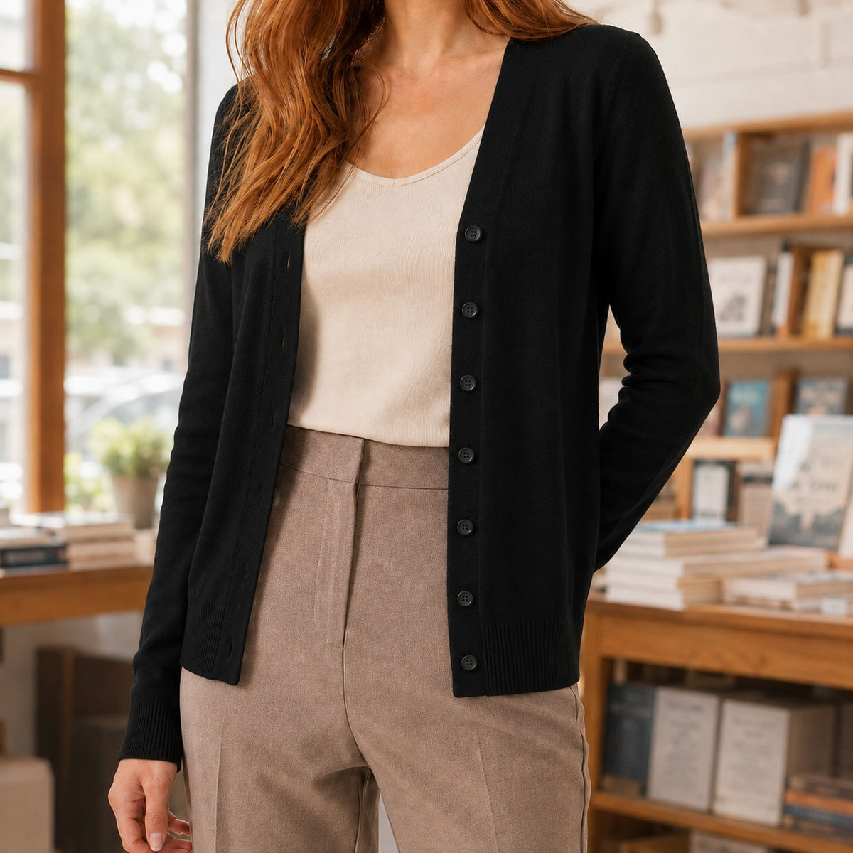 Gilet col V boutonné, coloris noir, vue de face