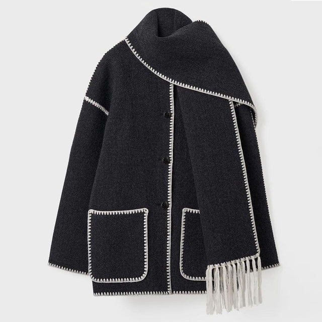 Manteau écharpe à franges pour femme, coloris anthracite