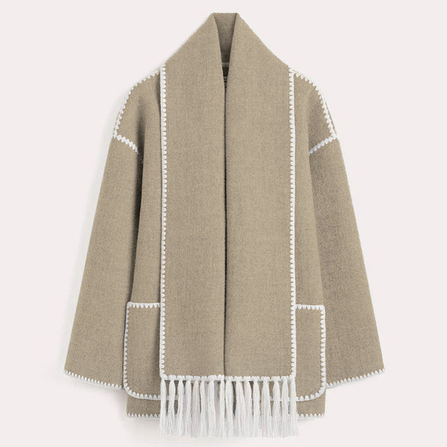Manteau écharpe à franges pour femme, coloris kaki