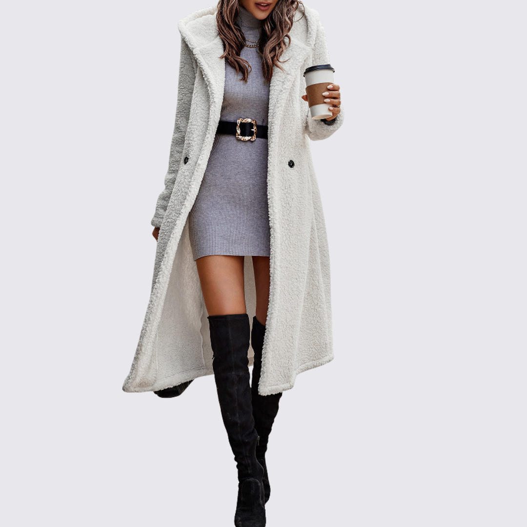 Manteau sherpa croisé long pour femme, coloris blanc