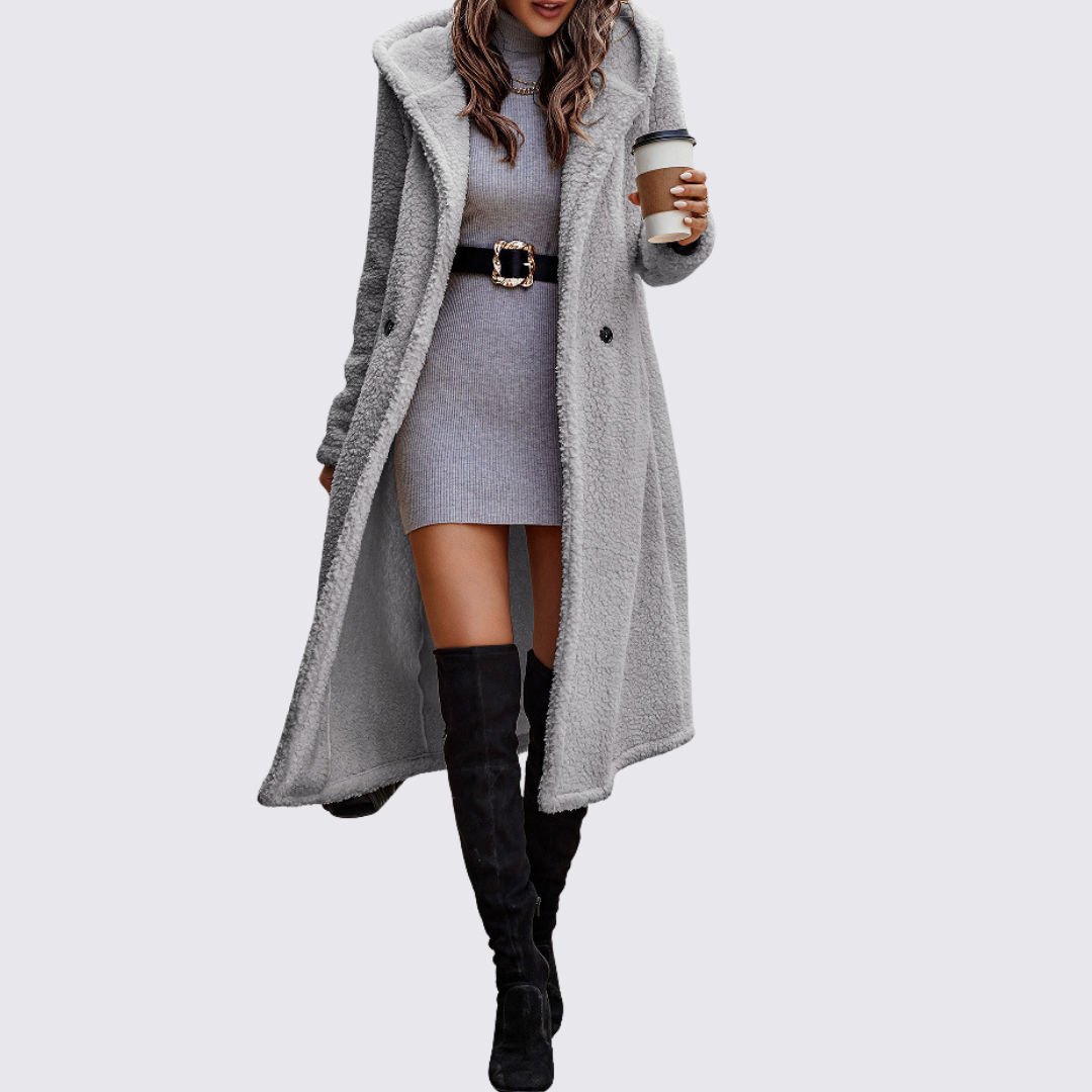 Manteau sherpa croisé long pour femme, coloris gris