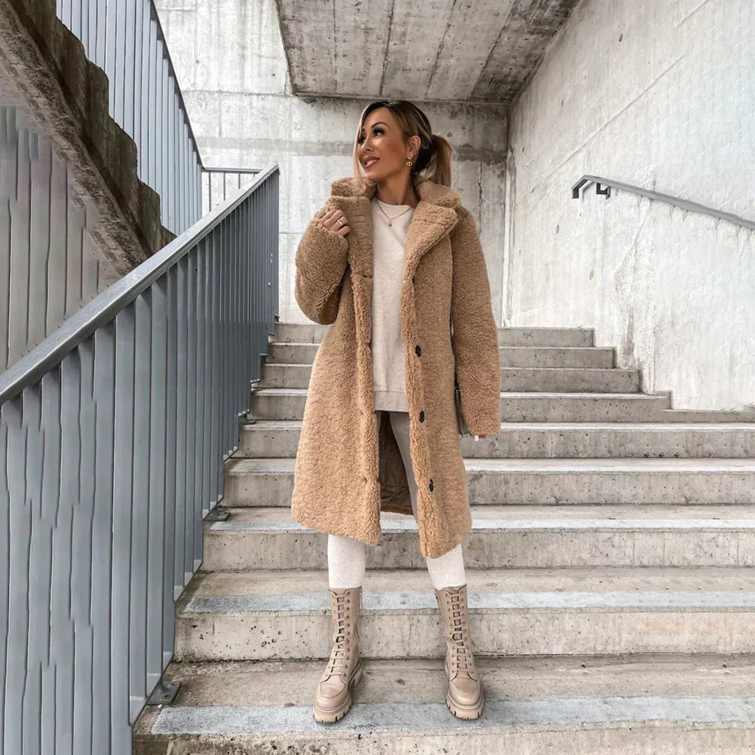 Manteau teddy à revers pour femme, coloris beige