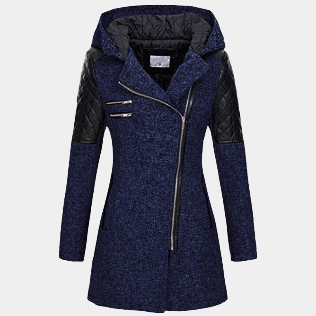 Manteau zippé à capuche, coloris bleu marine, vue de face