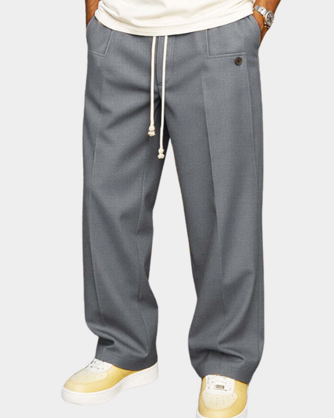 Pantalon fluide à cordon, coloris gris, vue de face