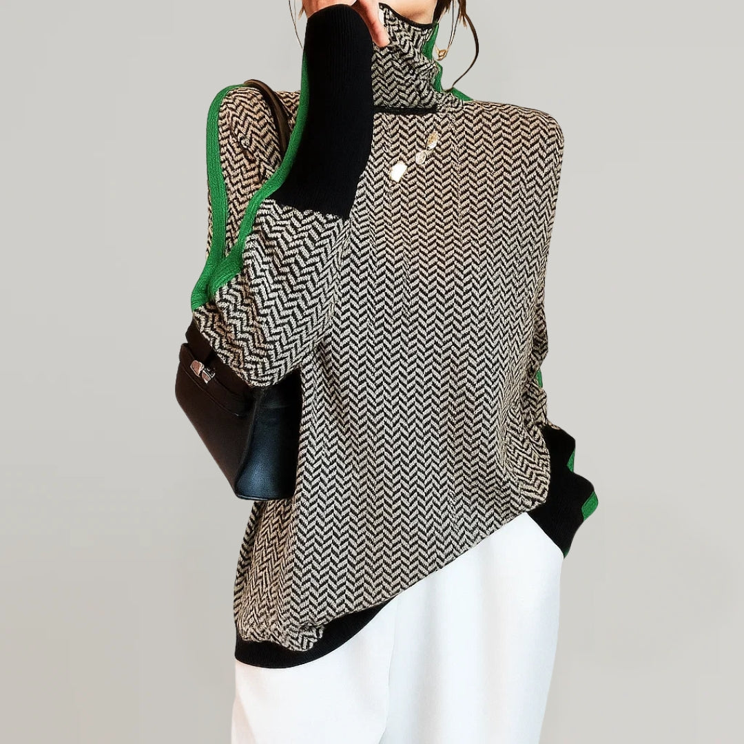 Pull chevrons col cheminée pour femme, coloris vert