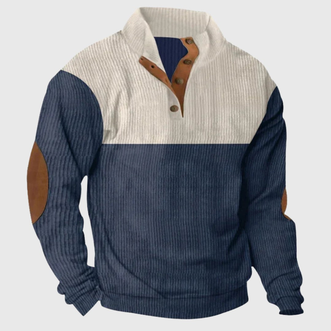 Pull col montant patchs coudes, coloris bleu marine, vue de face