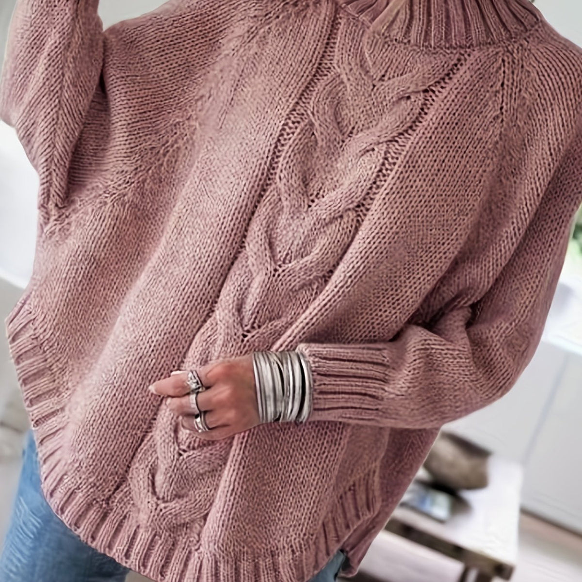 Pull torsadé col montant pour femme, coloris rose