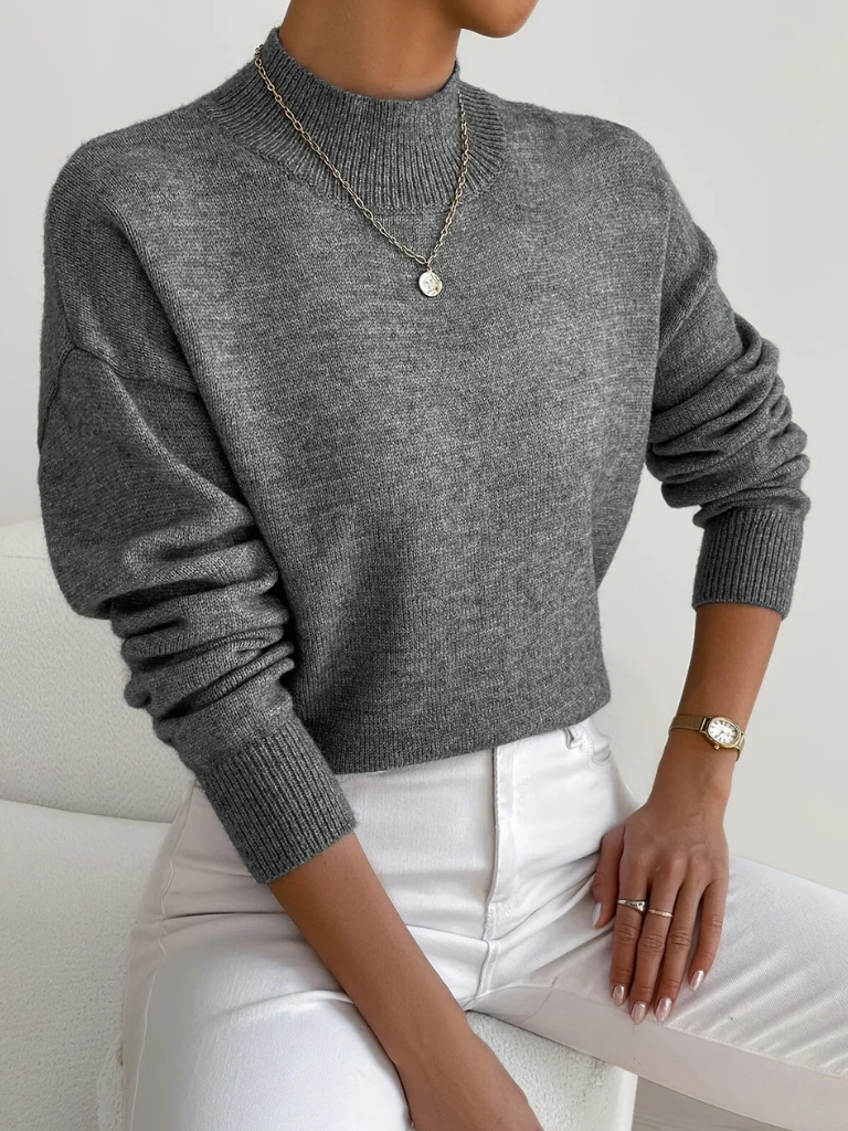 Pull uni col montant pour femme, coloris gris