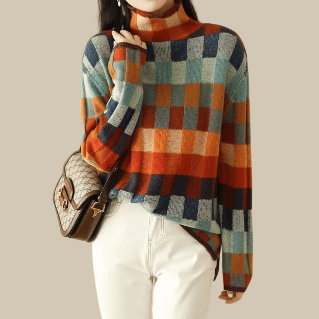 Pull damier col roulé pour femme, coloris multicolore