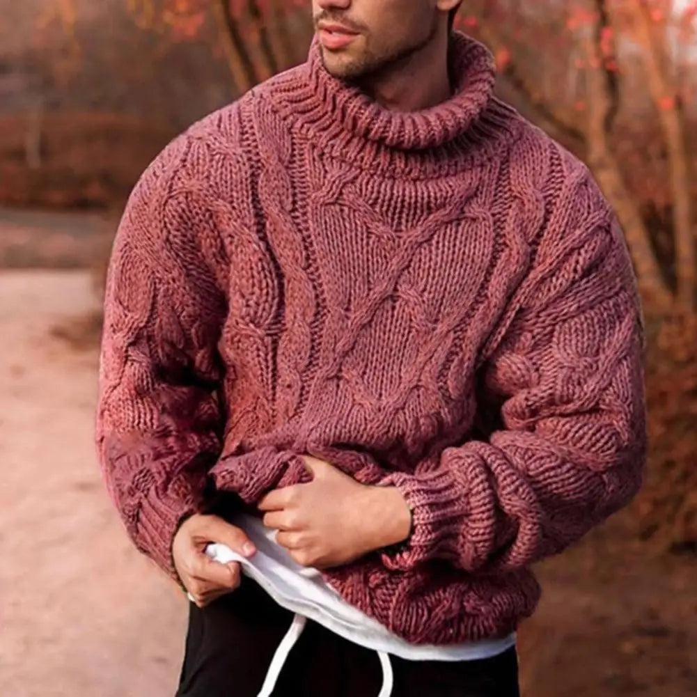 Pull col roulé grosse maille torsadée, rose foncé