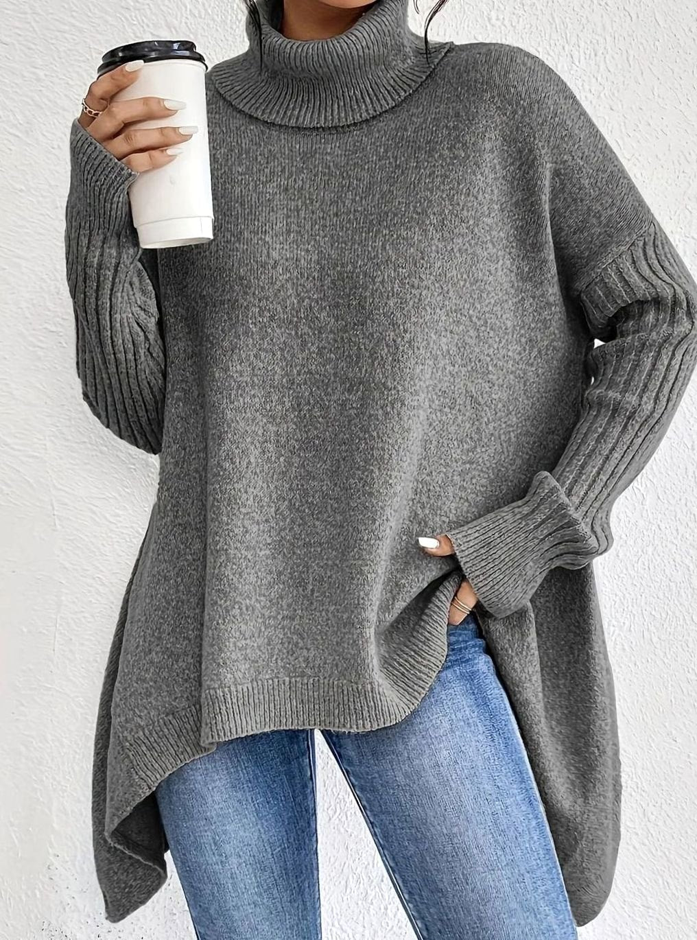 Pull long col roulé pour femme, coloris gris